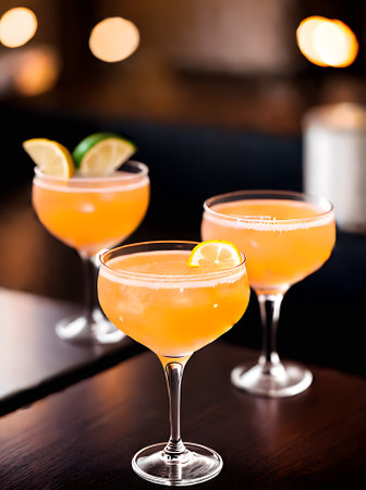 Realistic cocktail with warm lighting cozy atmosphere neutral color palette and closeup details in a restaurant setting. Generative AI Generatedの素材