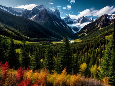 Mountainous landscapes with coniferous trees a rich vintage color scheme and a sense of depth and dimension. Generative AI Generatedの素材