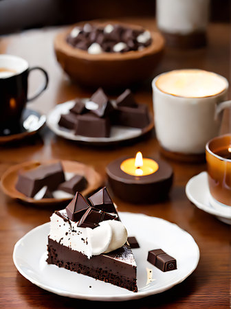 Realistic chocolate dessert warm lighting highly detailed cozy atmosphere. Neutral color palette creates a comfortable ambiance in this restaurant. Generative AI Generatedの素材