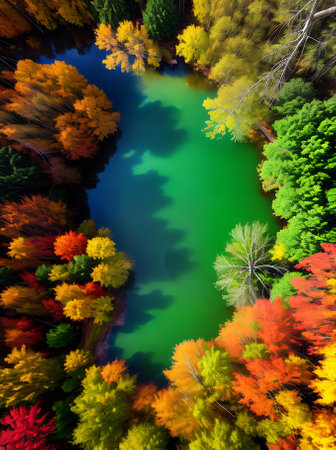 Lake in autumn with a touch of alien ambiance featuring realistic scenery adorned in a vintage color palette. Generative AI Generatedの素材