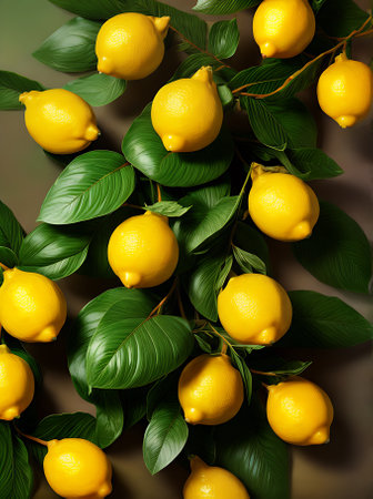 Floral backdrop painted with lemons leaves volumetric duotone palette. Generative AI Generatedの素材