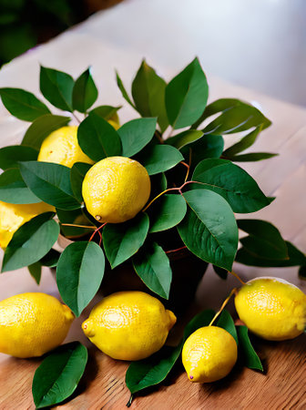 Realistic lemons and leaves set in a cozy warmly lit restaurant with a neutral color palette highly detailed and medium shot with no people. Generative AI Generatedの素材