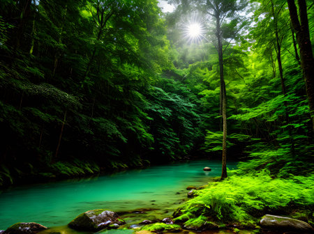 A tropical forest with a fairytale vibe showcasing volumetric beauty and inspired by the Pantone color palette. Generative AI Generatedの素材