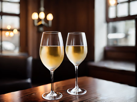 Realistic white wine neutral palette warm lighting detailed cozy atmosphere in an empty restaurant shown in an extreme long shot. Generative AI Generatedの素材