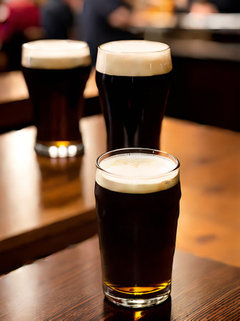 Realistic dark beer sets the tone for a cozy highly detailed restaurant scene with warm lighting and a neutral color palette. Nobody is in sight. Generative AI Generatedの素材