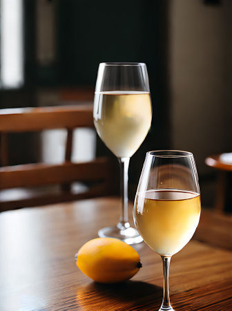 Realistic white wine neutral palette warm lighting detailed cozy atmosphere in an empty restaurant shown in an extreme long shot. Generative AI Generatedの素材