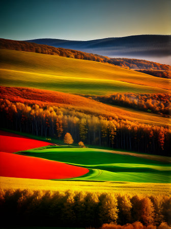 Autumn field transforms into a fairytalelike landscape with a flat appearance and captivating duotone color scheme. Generative AI Generatedの素材