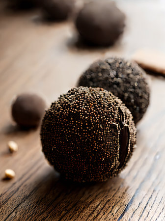 Realistic truffle with cozy ambiance warm lighting and detailed decor. Neutral color palette sets a calm inviting atmosphere in this restaurant. No people shown wideangle view. Generative AI Generatedの素材