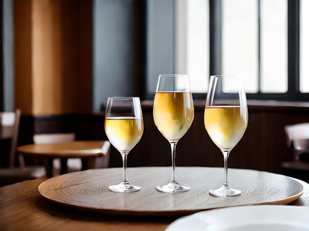 Realistic white wine neutral palette warm lighting detailed cozy atmosphere in an empty restaurant shown in an extreme long shot. Generative AI Generatedの素材
