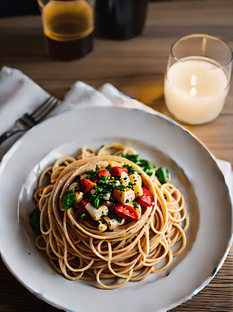 Realistic pasta restaurant with cozy atmosphere neutral colors warm lighting high level of detail and no people in a long shot. Generative AI Generatedの素材