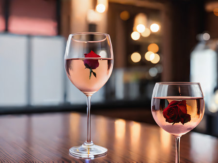 Realistic rose wine sets the tone with neutral color palette warm lighting detailed coziness in this highly detailed restaurant with extreme closeup ambiance. Generative AI Generatedの素材