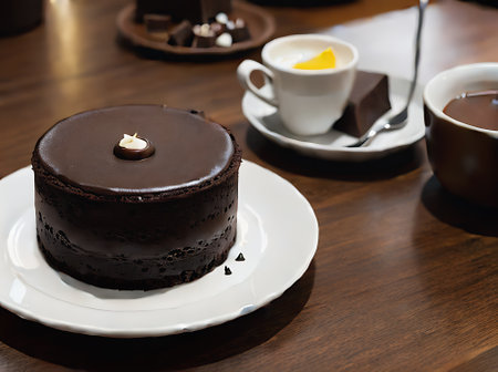 Realistic chocolate dessert in cozy restaurant ambiance with warm lighting neutral colors and intricate detailing to create a closeup inviting atmosphere. Generative AI Generatedの素材