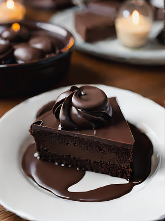 Realistic chocolate dessert in cozy restaurant ambiance with warm lighting neutral colors and intricate detailing to create a closeup inviting atmosphere. Generative AI Generatedの素材