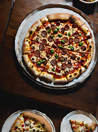 Realistic pizza warm lighting detailed cozy atmosphere a neutralcolored restaurant that captures the essence without people in a long shot. Generative AI Generatedの素材