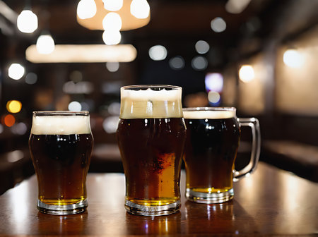 Realistic beer neutral tones warm lights intricate details cozy ambiance. A restaurant with a welcoming atmosphere and no customers. Generative AI Generatedの素材