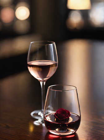Realistic rose wine sets the tone with neutral color palette warm lighting detailed coziness in this highly detailed restaurant with extreme closeup ambiance. Generative AI Generatedの素材