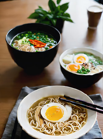 Realistic ramen soup with cozy atmosphere neutral palette warm lighting highly detailed inviting restaurant scene in extreme long shot no one present. Generative AI Generatedの素材