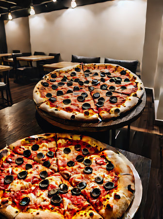 Realistic pizza warm lighting detailed cozy atmosphere a neutralcolored restaurant that captures the essence without people in a long shot. Generative AI Generatedの素材