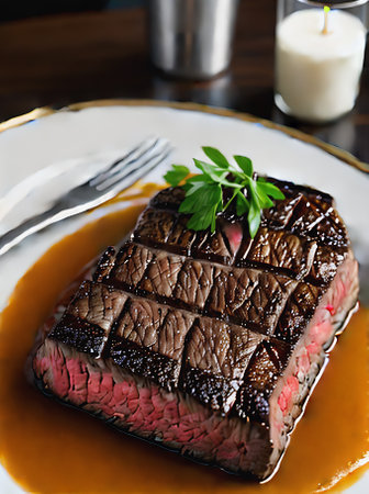 Realistic steak with neutral colors warm lighting detailed coziness a restaurant providing a cozy atmosphere without any patrons. Generative AI Generatedの素材