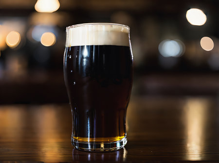 Realistic dark beer meets cozy atmosphere in a neutrally colored restaurant with highly detailed decor and warm lighting with nobody in sight. Generative AI Generatedの素材