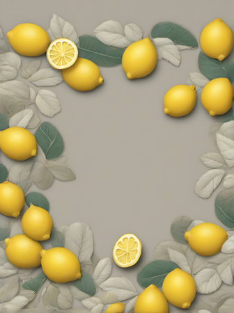 Autumnthemed floral backdrop with handpainted lemons and leaves creating a 3D effect with shadows. Neutral color scheme used. Generative AI Generatedの素材