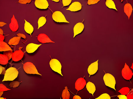 Autumninspired floral background featuring red and yellow leaves in a vibrant flat color scheme. Generative AI Generatedの素材
