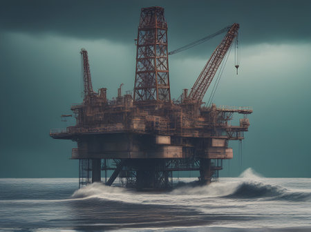 An oil derrick stands tall in a stormy sea with a volumetric representation and a duotone color scheme. Generative AI Generatedの素材