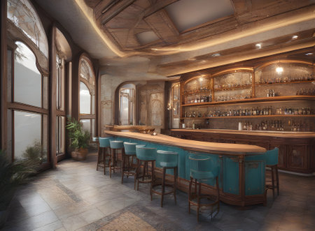 Realistic interior design of a bar with a bohemian touch creating a unique and eclectic atmosphere. Generative AI Generatedの素材