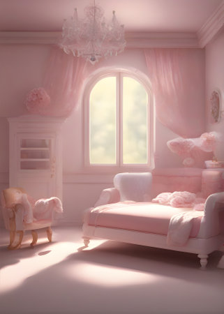 Dreamy breathtaking interior design for a baby girls room inspired by Alice in Wonderland featuring beautiful sunlight and a touch of magic. Generative AI Generatedの素材