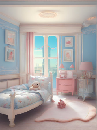 Realistic design for baby girls room inspired by pastel colors blue and white featuring Disney elements diorama and cartoon themes. Generative AI Generatedの素材