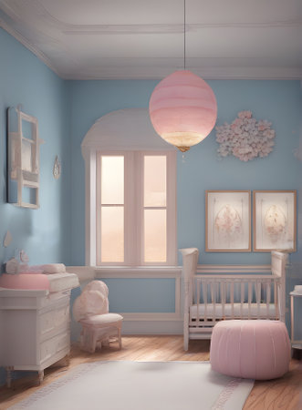 Realistic design for baby girls room inspired by pastel colors blue and white featuring Disney elements diorama and cartoon themes. Generative AI Generatedの素材
