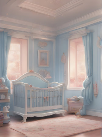 Realistic design for baby girls room inspired by pastel colors blue and white featuring Disney elements diorama and cartoon themes. Generative AI Generatedの素材