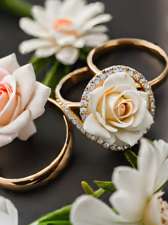 Realistic wedding rings and flowers presented in a long shot with sharp focus and highly detailed high quality visuals. Enhanced with HDR technology and available in UHD. Generative AI Generatedの素材