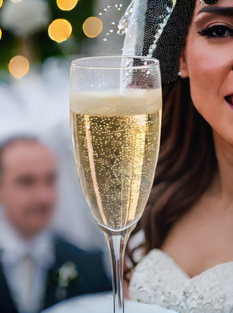 Realistic wedding with a champagne splash in extreme closeup. Sharp focus highly detailed and highquality visuals with HDR UHD and KK resolution. Generative AI Generatedの素材