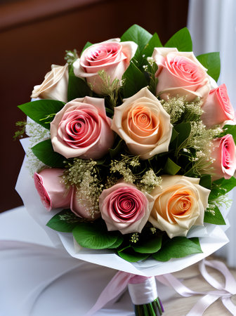 Realistic bouquet of wedding roses highly detailed professional and highquality in an extreme long shot. Enhanced with HDR UHD resolution K and K clarity. Generative AI Generatedの素材