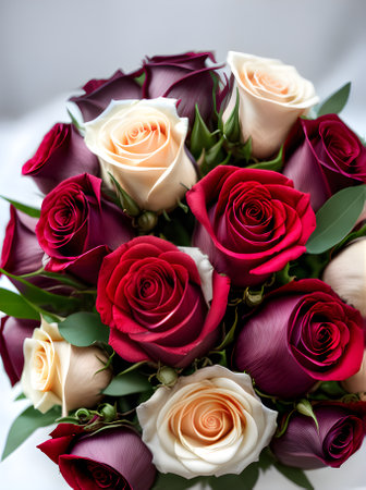 Ultra realistic bouquet of wedding roses closeup hyper detail highly detailed. Captured with Canon EOS R and Nikon. f. ISO s. Unedited RAW image showcases symmetrical balance. Generative AI Generatedの素材