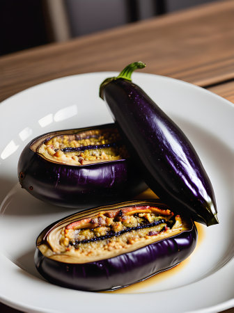 Realistic baked aubergine. Neutral tones warm lighting intricate details. Cozy atmosphere restaurant setting closeup shot no people. Generative AI Generatedの素材