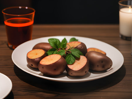 Realistic red potatoes neutral colors warm lighting highly detailed cozy atmosphere in a restaurant with nobody closeup views. Generative AI Generatedの素材