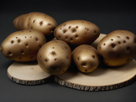 Realistic potatoes portrayed against a closeup sharp focus with a black background. Generative AI Generatedの素材