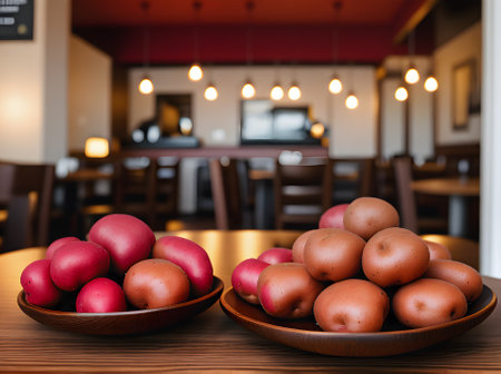Realistic red potatoes with neutral tones warm lighting intricate details and a cozy atmosphere create a restaurant devoid of occupants. Generative AI Generatedの素材