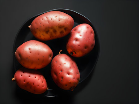 Realistic red potatoes on a black background POV perspective with sharp focus. Generative AI Generatedの素材