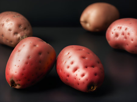 Realistic red potatoes against a black background captured in a long shot with sharp focus. Generative AI Generatedの素材