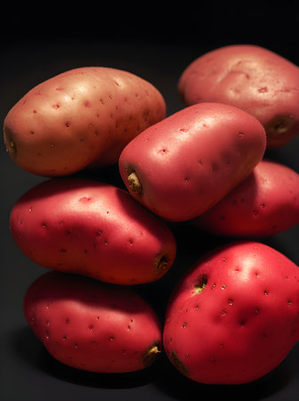Realistic red potatoes on a black background POV perspective with sharp focus. Generative AI Generatedの素材
