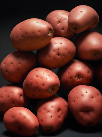 Realistic red potatoes against a black background captured in a long shot with sharp focus. Generative AI Generatedの素材