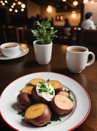 Realistic red potatoes warm lighting detailed cozy atmosphere define this restaurant enhanced by a neutral color palette and a serene absence of customers. Generative AI Generatedの素材