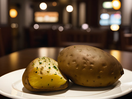 Realistic baked potatoes in neutral tones warmly lit. Highly detailed cozy atmosphere. Restaurant backdrop serene ambiance. Empty scene distant view. Generative AI Generatedの素材
