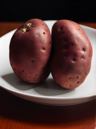 Realistic red potatoes against a black background captured in a long shot with sharp focus. Generative AI Generatedの素材