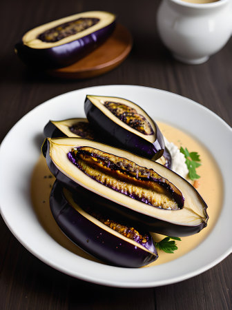 Realistic baked aubergine. Neutral tones warm lighting intricate details. Cozy atmosphere restaurant setting closeup shot no people. Generative AI Generatedの素材
