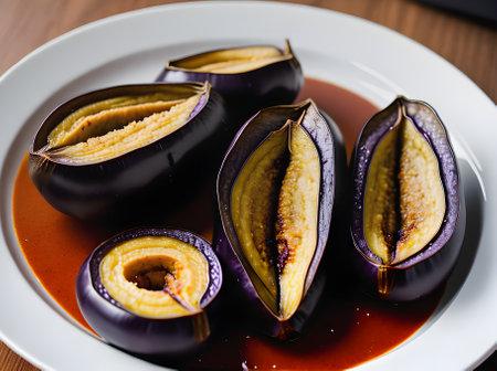 Realistic baked aubergine. Neutral tones warm lighting intricate details. Cozy atmosphere restaurant setting closeup shot no people. Generative AI Generatedの素材