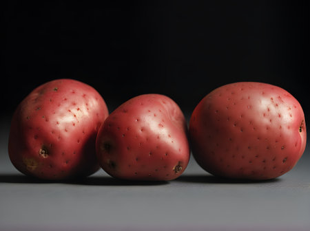 Realistic red potatoes against a black background captured in a long shot with sharp focus. Generative AI Generatedの素材